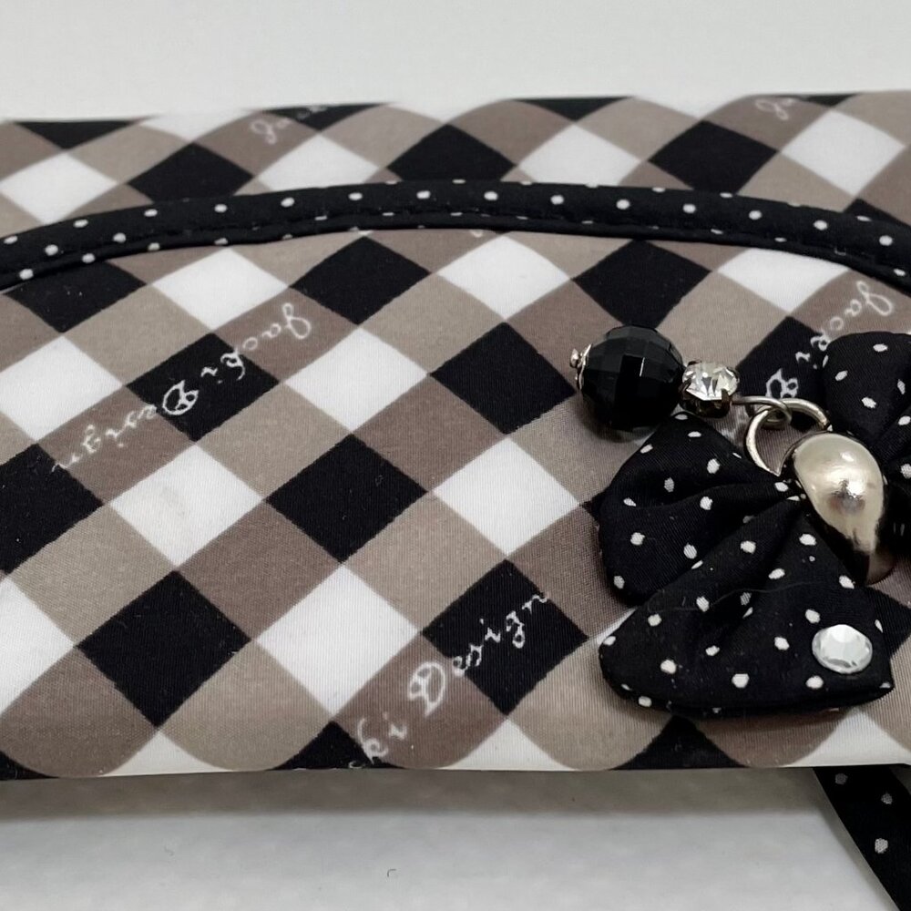 NWT JACKI DESIGN WRISTLET FLAPTOP WALLET COIN MAKEUP BLACK/WHITE BOW W/BEADS - Picture 3 of 11
